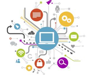 Image décorative de logos représentant un ordinateur, des écrous, un réseau WiFI, une loupe