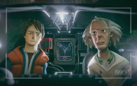 Capture d'écran d'une vidéo reprenant les personnages du film « Retour vers le futur » en version animée. Marty McFly et le docteur Emmett Brown sont assis dans leur machine à voyager dans le temps, face à nous. Marty porte une doudoune rouge sans manches et un sweat bleu. Le docteur Brown porte une blouse blanche.