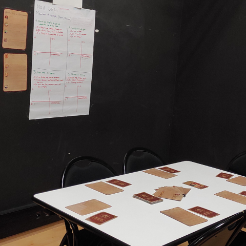 Photo du jeu pédagogique "La nuit des CSS" : une grande fiche d’évaluation par les pairs et deux affiches plus petites, servant de rappel des règles, sont accrochées au mur à l'arrière-plan.