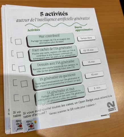 Photo du programme des activités proposées au stand sur l'IA générative
